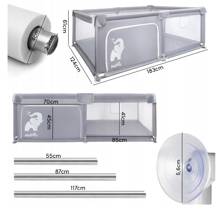 MalPlay-KIVO-babybox - kinderbox – 120x180 cm – voor binnen en buiten – grijs/wit – ademend gaas