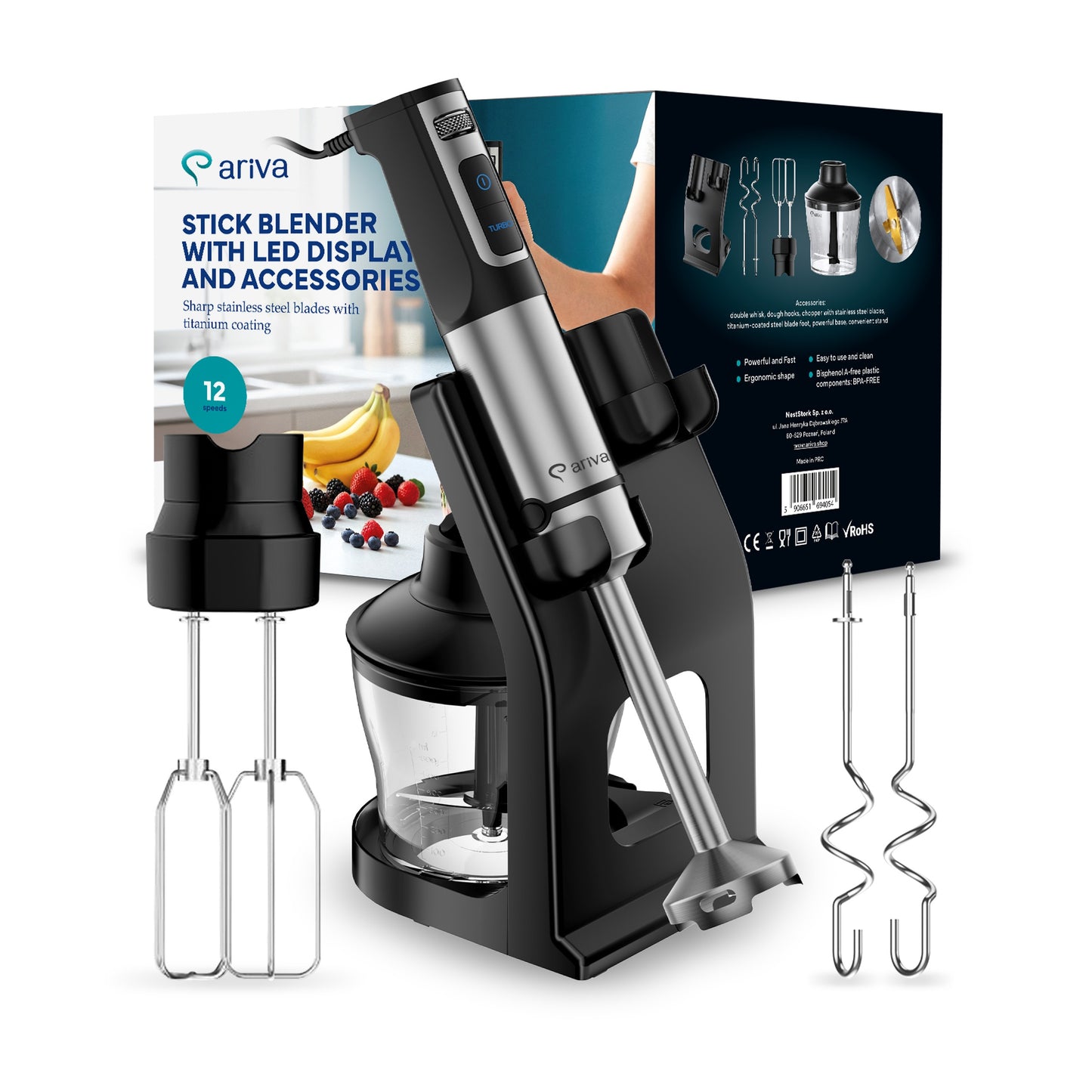in 1-Staafmixer-Led-display-Accessoires-1500W-Mixen, hakken, kloppen-Titanium mes-0.8L-Standaard-Keukenmachine-Deeghaken-Garde