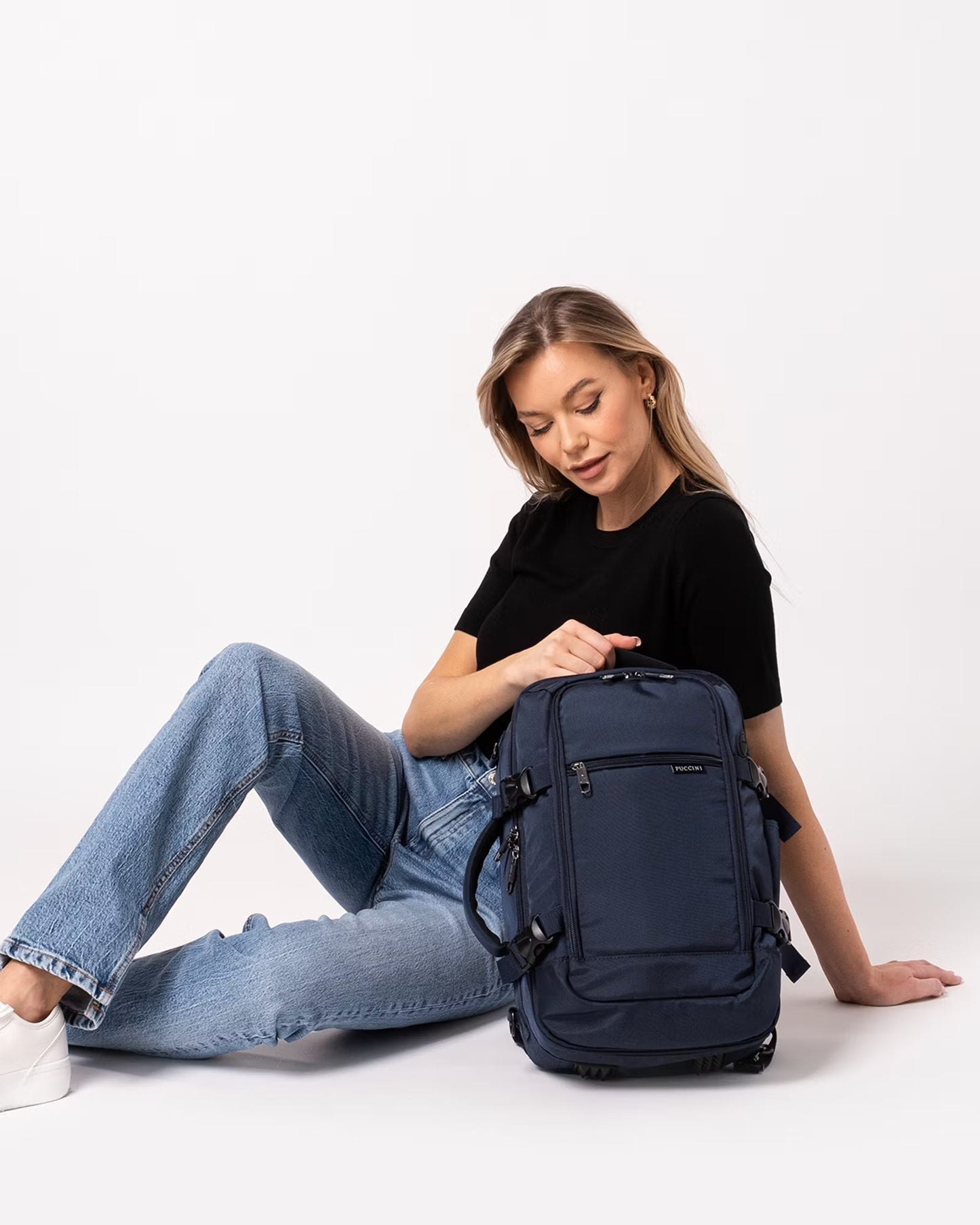 Puccini rugzak - 3 in 1 - 40x25x12-20 cm - formaat aanpasbaar - marineblauw - Wizzair - KLM- Ryanair - handbagage