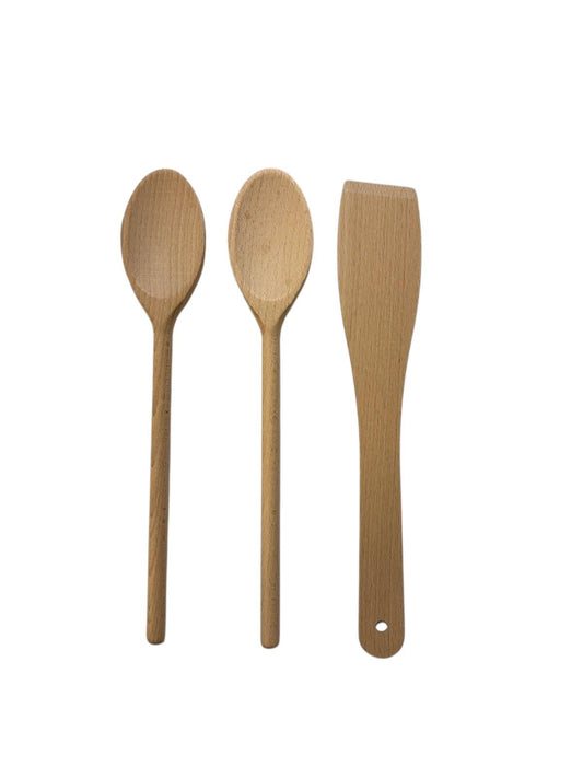 Houten lepels en spatel - pollepel - kooklepel - bakspaan - bakspatel - set van 2 lepels en 1 spatel - 30 cm - beukenhout