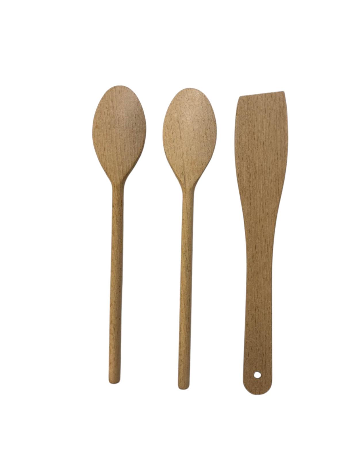 Houten lepels en spatel - pollepel - kooklepel - bakspaan - bakspatel - set van 2 lepels en 1 spatel - 30 cm - beukenhout