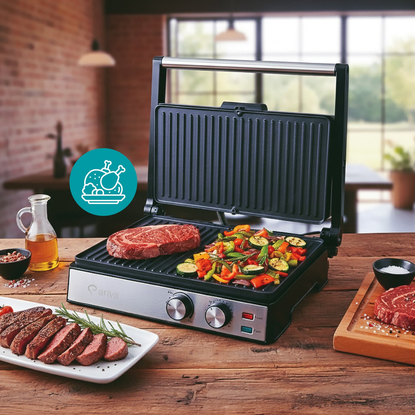 ARIVA Grill-29x24cm-2 in 1-contact grill-table grill-sandwich maker-Ceramic non-stick coating-Timer-2000W