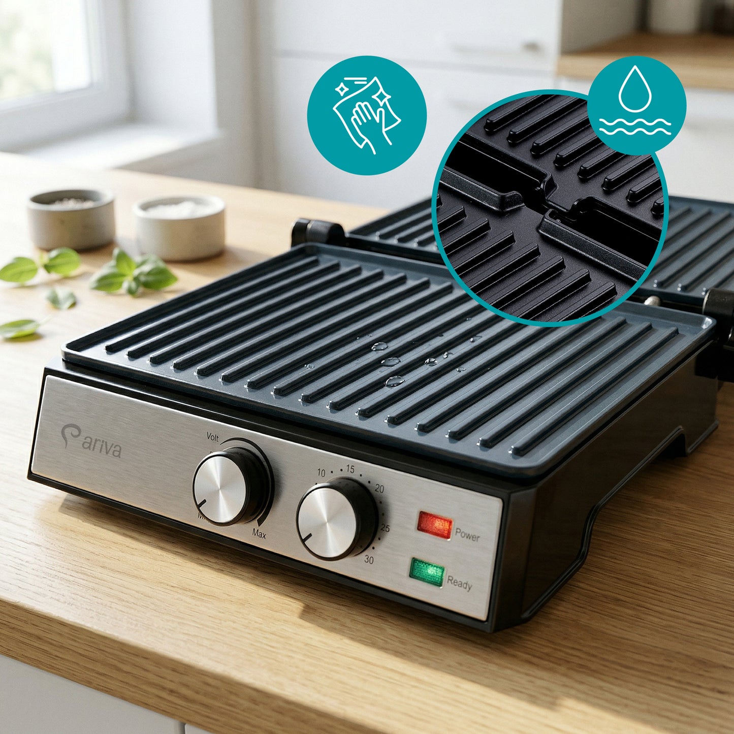 ARIVA Grill-29x24cm-2 in 1-contact grill-table grill-sandwich maker-Ceramic non-stick coating-Timer-2000W