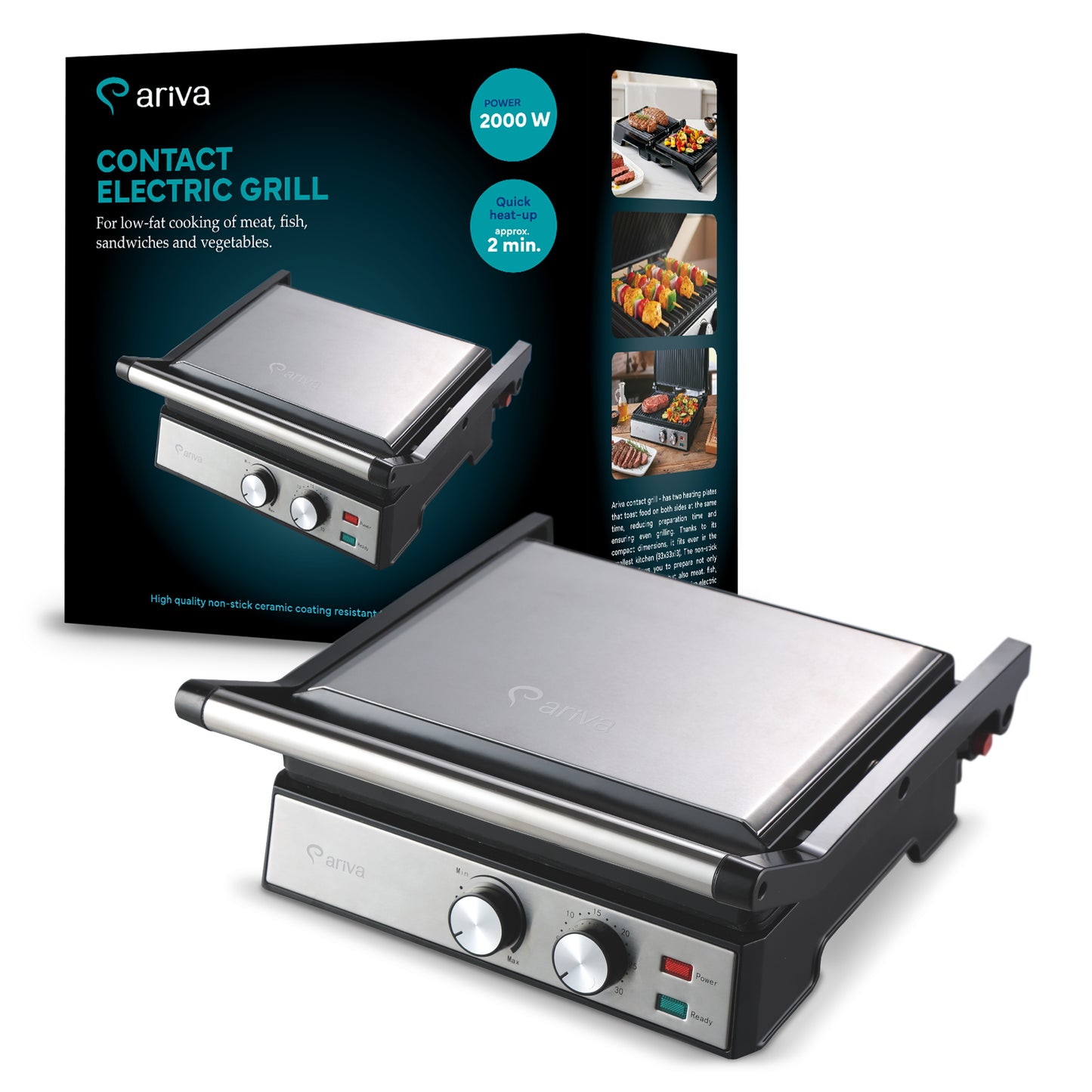 ARIVA Grill-29x24cm-2 in 1-contact grill-table grill-sandwich maker-Ceramic non-stick coating-Timer-2000W