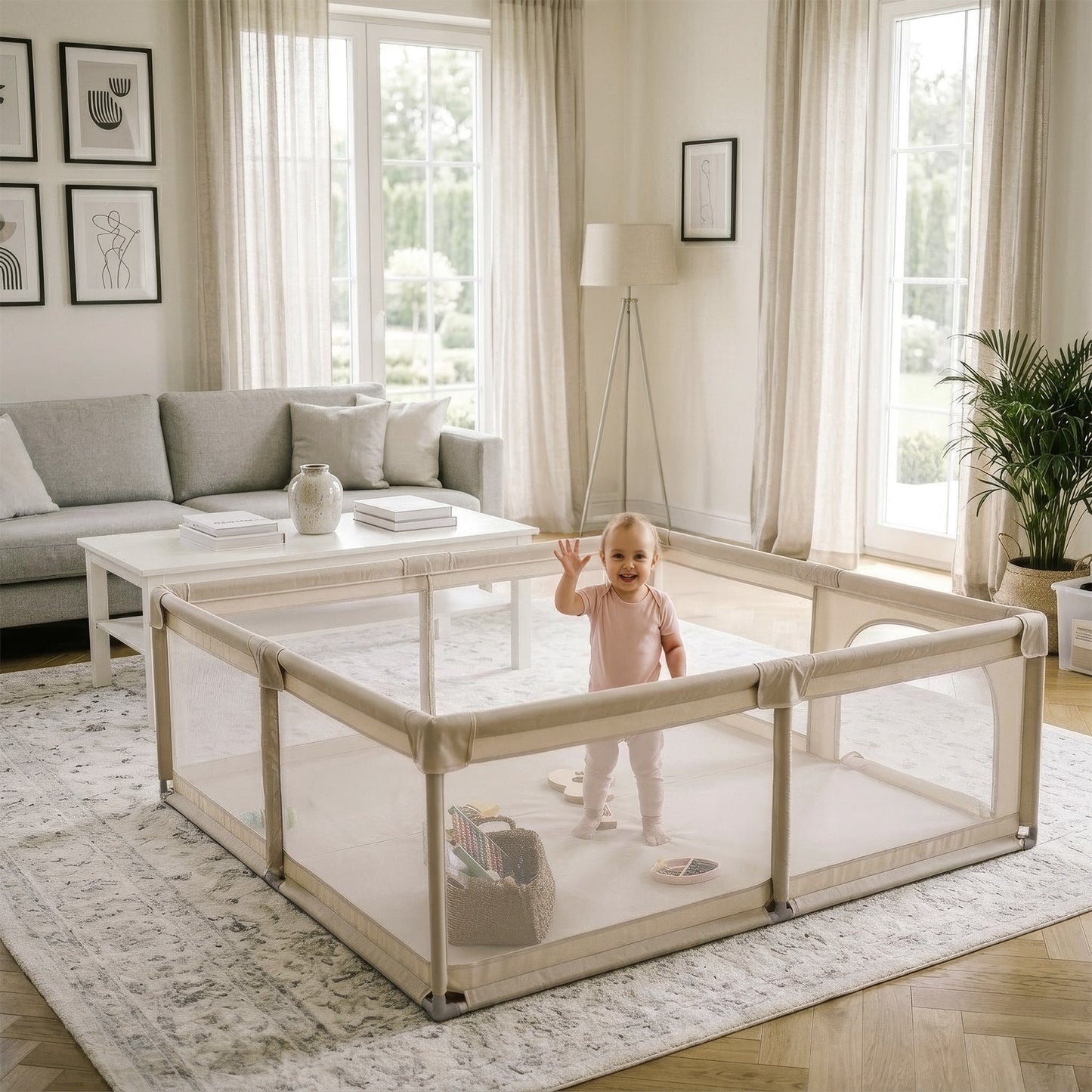 Kidwell-FANKO-babybox-kinderbox-120x180 cm-voor binnen en buiten-beige-ademend gaas-EN71-gecertificeerd-6 tot 36 maanden