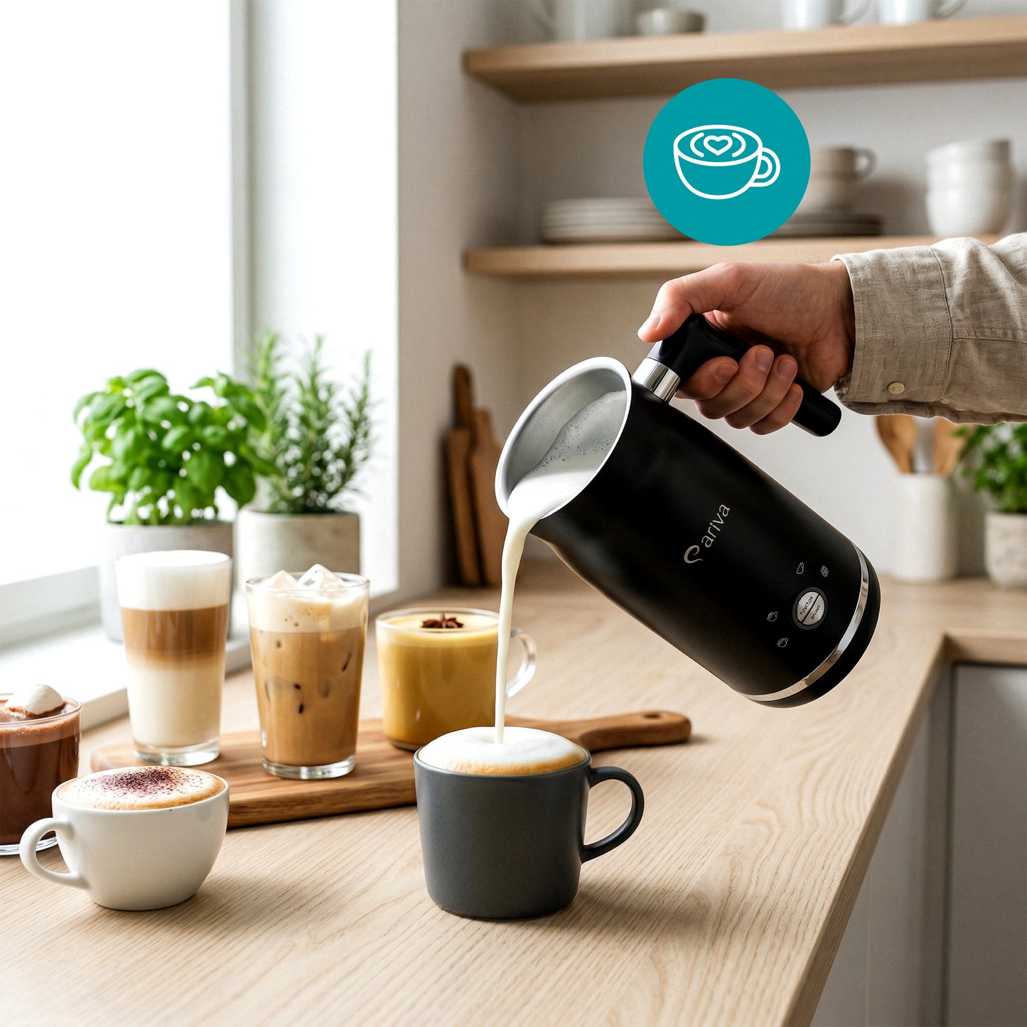ARIVA-4 in 1-Elektrische melkopschuimer-Schuim voor cappuccino, latte en frappe, warme chocolademelk in 1 minuut