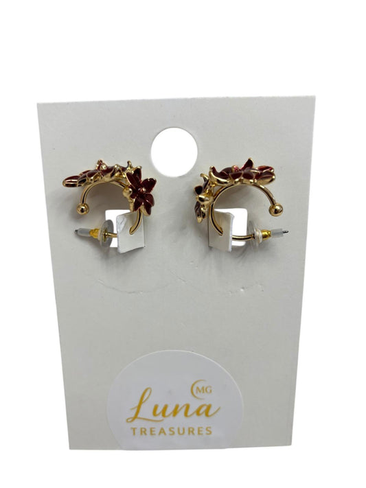 Oorbellen-groot-bladeren-verguld-donkerrood