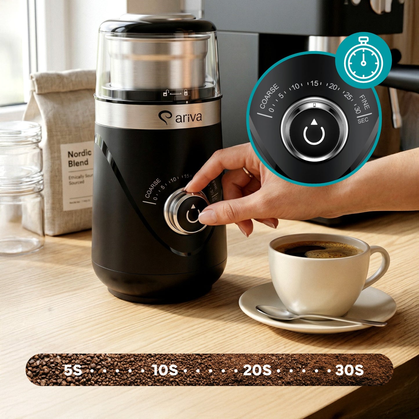 ARIVA-Elektrische koffiemolen-Voor koffiebonen, noten, kruiden en zaden-Instelbare maalgraad-Stil-Met timer en roestvrijstalen messen