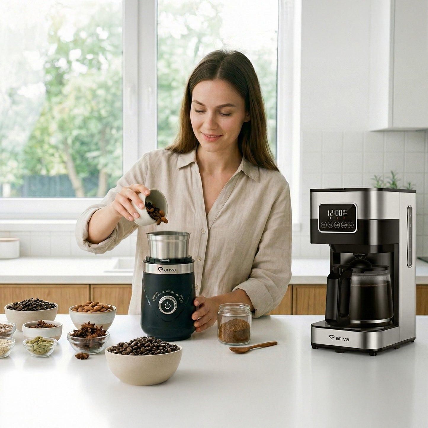 ARIVA-Elektrische koffiemolen-Voor koffiebonen, noten, kruiden en zaden-Instelbare maalgraad-Stil-Met timer en roestvrijstalen messen