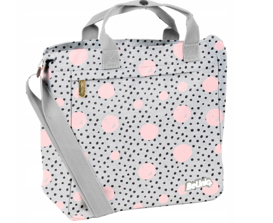 BeUniq shoulder bag - 32x30x13 cm - grey with pink and black dots