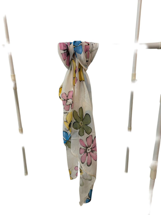Sjaal-Katoen-Zijde-Italiaans-wit met gekleurde bloemen